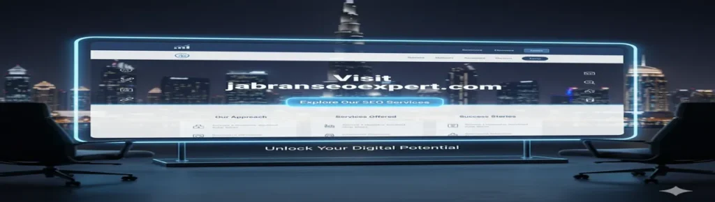 A digital screen displaying the Jabran SEO Expert website with the message “Visit jabranseoexpert.com” and “Explore Our SEO Services,” set against the Dubai skyline at night, representing professional SEO and digital marketing services in Dubai and UAE.