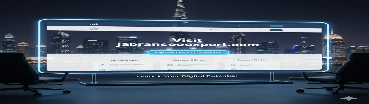 A digital screen displaying the Jabran SEO Expert website with the message “Visit jabranseoexpert.com” and “Explore Our SEO Services,” set against the Dubai skyline at night, representing professional SEO and digital marketing services in Dubai and UAE.