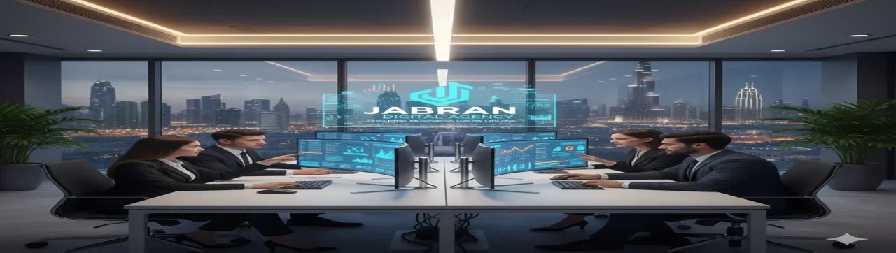 Team of digital marketing professionals at Jabran Digital Agency at SEO agency Dubai working on SEO analytics and strategy with city skyline in background.