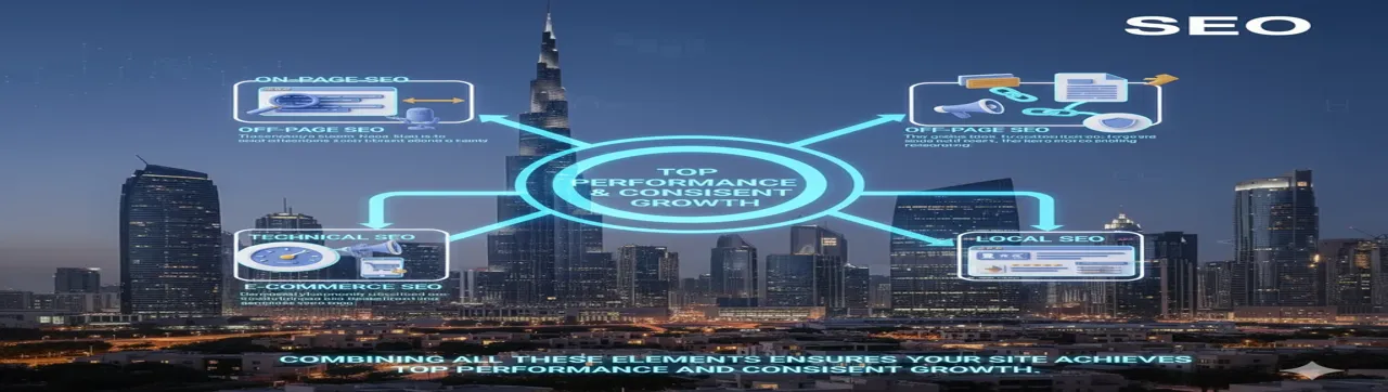 An infographic showing the core elements of SEO — On-Page SEO, Off-Page SEO, Technical SEO, Local SEO, and E-Commerce SEO — connected to “Top Performance and Consistent Growth,” over the Dubai cityscape, symbolizing comprehensive United SEO strategies by Jabran Digital Agency.