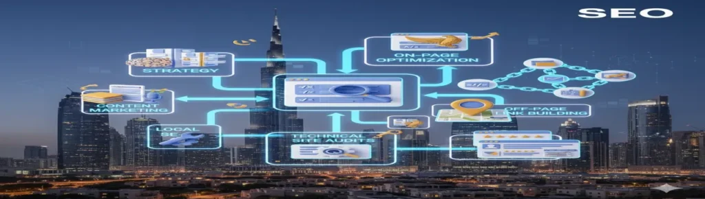 SEO company in Abu Dhabi strategy illustration over Dubai skyline showing on-page optimization, off-page link building, local SEO, content marketing, and technical site audits.