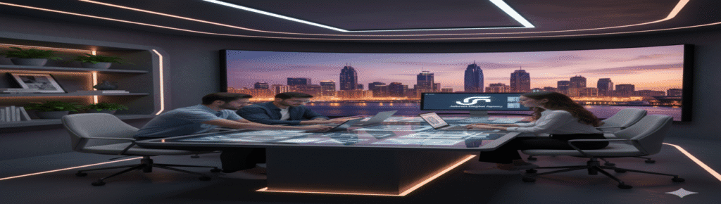 Team working at Jabran Digital Agency in Dubai, designing professional business profiles with a stunning city skyline in the background – Profile Design Company in UAE Sharjah.