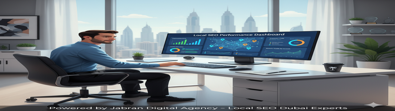 SEO specialist analyzing a local SEO performance dashboard in a modern Dubai office – powered by Jabran Digital Agency, experts in local SEO and digital marketing.