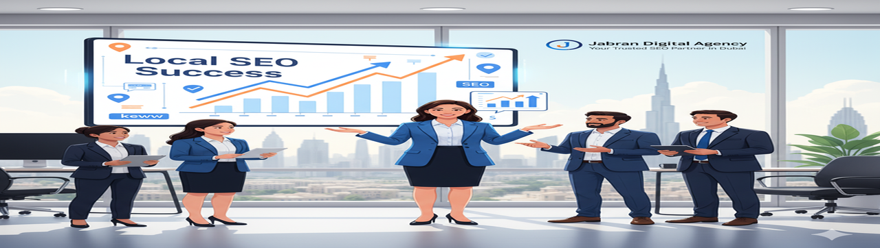 A professional team in business attire discussing local SEO success in a modern Dubai office, with a presentation showing rising SEO performance charts and the Jabran Digital Agency logo in the background.
