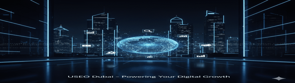 Professional digital marketing team in Dubai analyzing SEO data with illuminated skyscrapers in background, captioned USEO Dubai – Elevate Your Digital Presence.