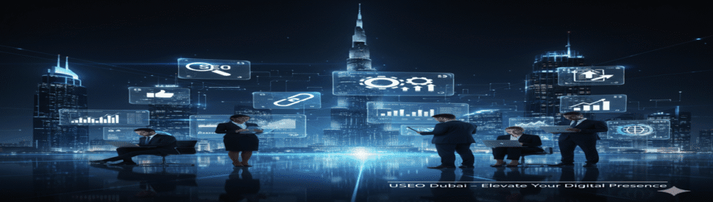 Futuristic digital city skyline with glowing blue data icons representing SEO and analytics, symbolizing USEO Dubai – Powering Your Digital Growth.