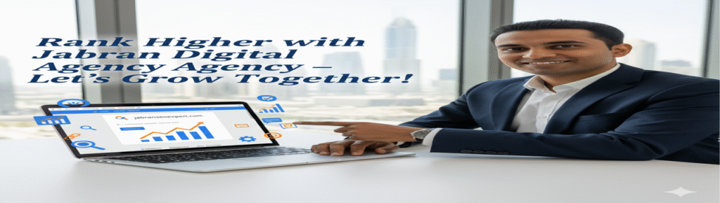 Professional SEO expert showcasing website growth analytics on laptop – Jabran Digital Agency helping businesses rank higher online.