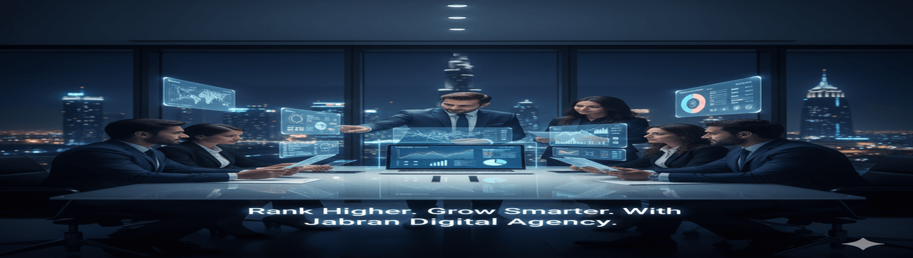 Professional digital marketing team in a modern Dubai office, analyzing real-time SEO and growth analytics with futuristic blue lighting. Jabran Digital Agency β Rank Higher, Grow Smarter.