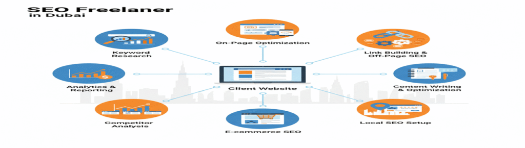 SEO freelancer in Dubai offering on-page optimization, keyword research, link building, content writing, and local SEO services for better website ranking.
