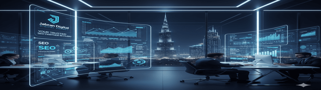 Nighttime Dubai skyline featuring Burj Khalifa, with digital marketers working on high-tech SEO dashboards. Jabran Digital Agency β Your Trusted SEO Partner in Dubai, leading innovation with data-driven strategy.