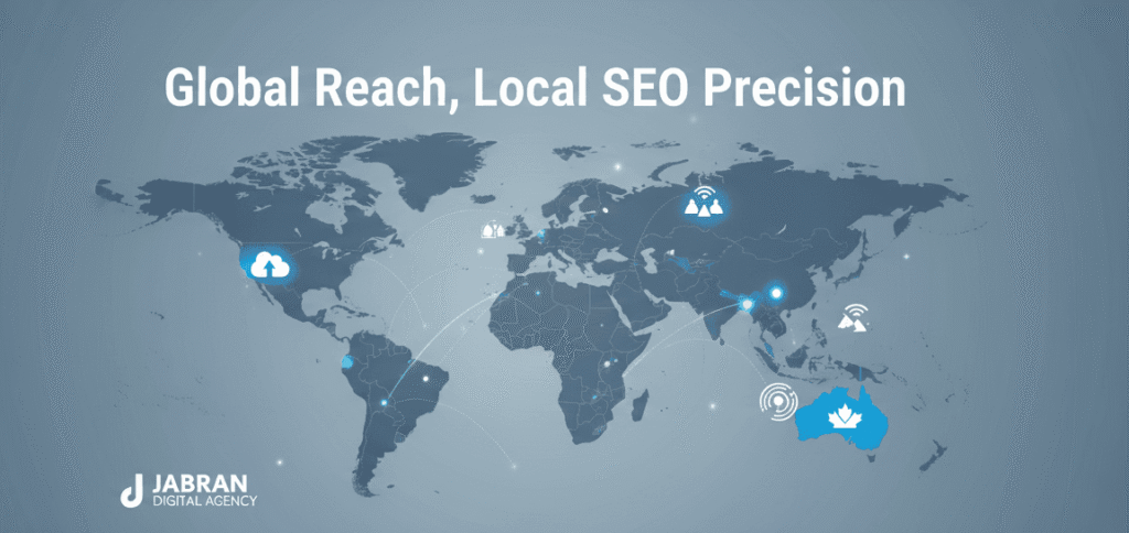 Global SEO concept map showing Jabran Digital Agency targeting UK, USA, and premium markets.