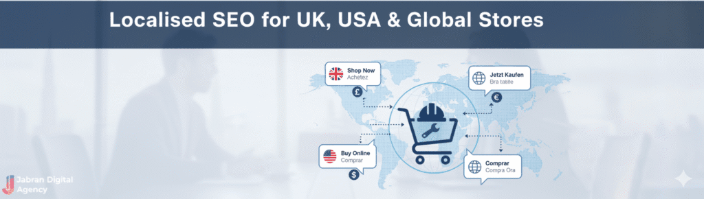 Ecommerce localization concept with UK and USA themes for international SEO optimization.